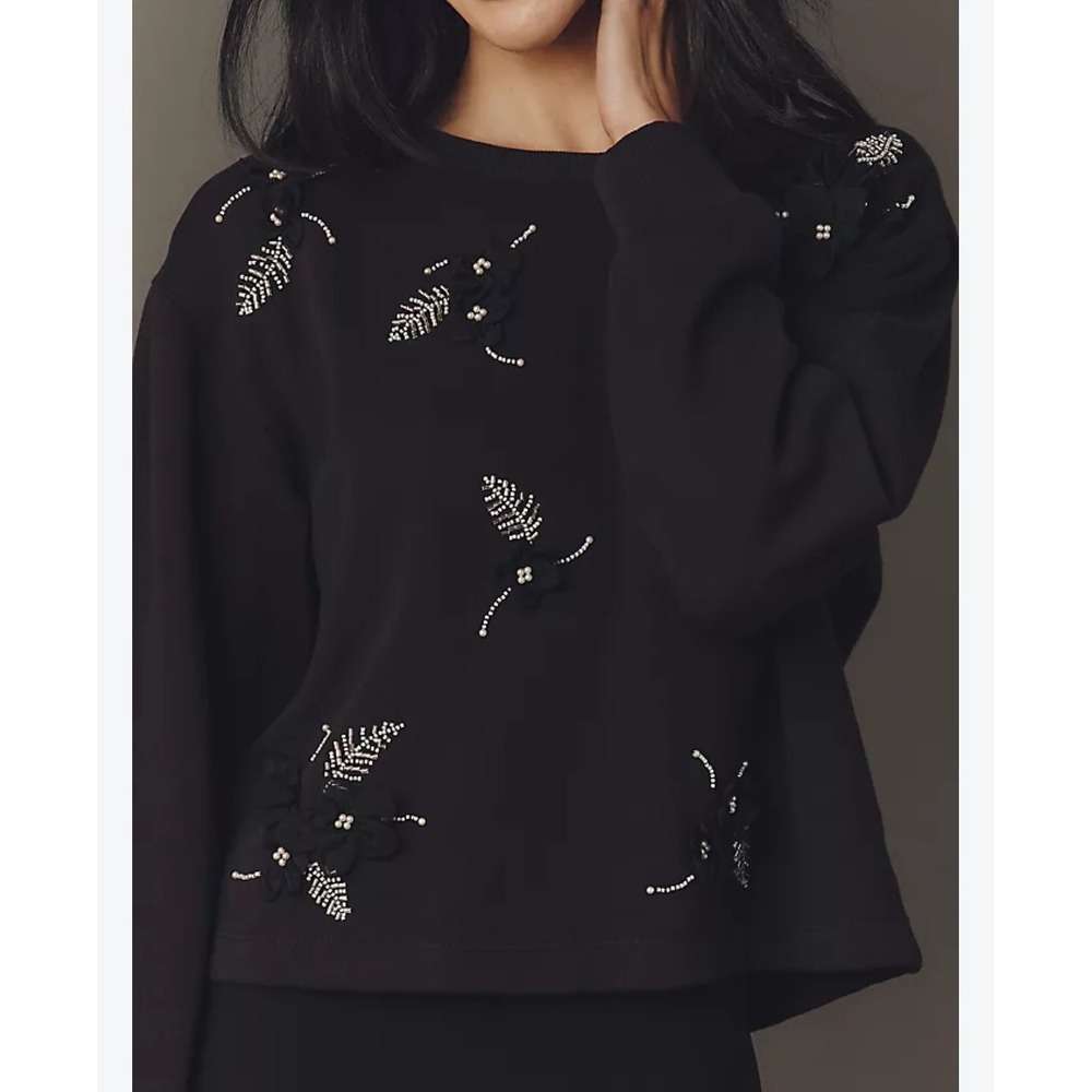 Anthropologie Sweatshirt Beaded Embellished Floral Applique Small Crewneck Black